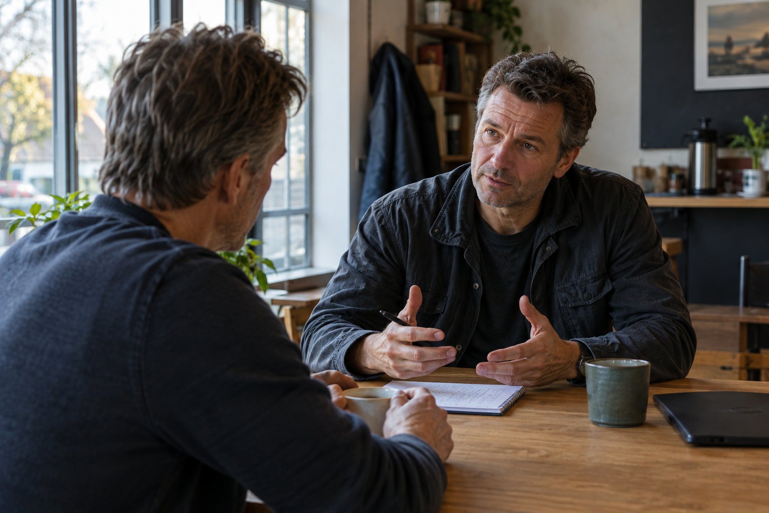 Partner en ondernemer in gesprek aan tafel, met een notitieblok tussen hen in