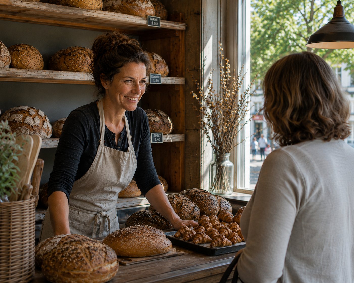 Bakker in haar eigen winkel helpt een klant aan de toonbank vol vers brood
