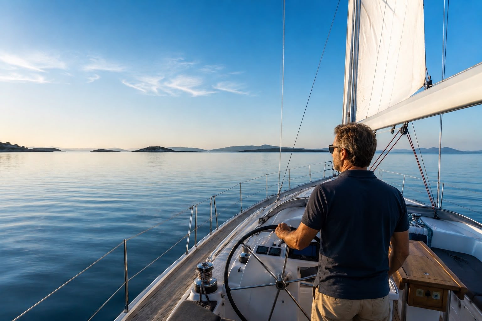 Ondernemer aan het roer van een zeilboot op rustig water